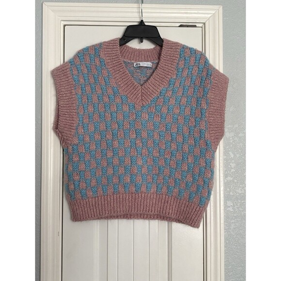 Zara Sweater Vest Small Checkerboard Pastel Oversized Wool Blend Preppy - Picture 1 of 4